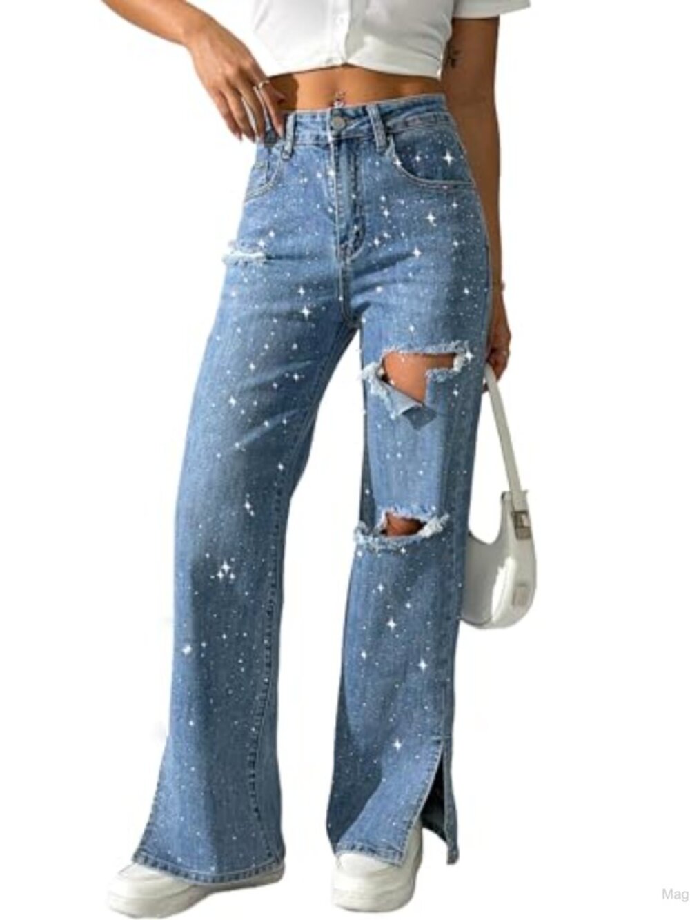 Rhinestone High Waist Straight Leg Jeans Sequin Sparkle Ripped Denim Pants